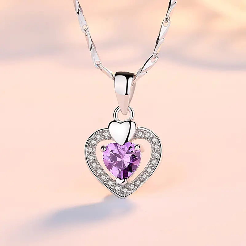 Sterling Silver Heart Pendant Necklace with Purple Diamond