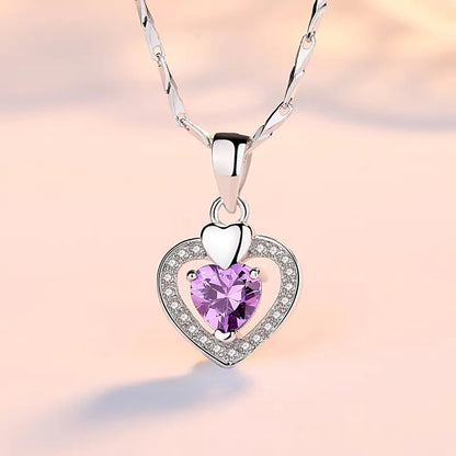 Sterling Silver Heart Pendant Necklace with Purple Diamond