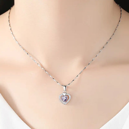 Sterling Silver Heart Pendant Necklace with Purple Diamond