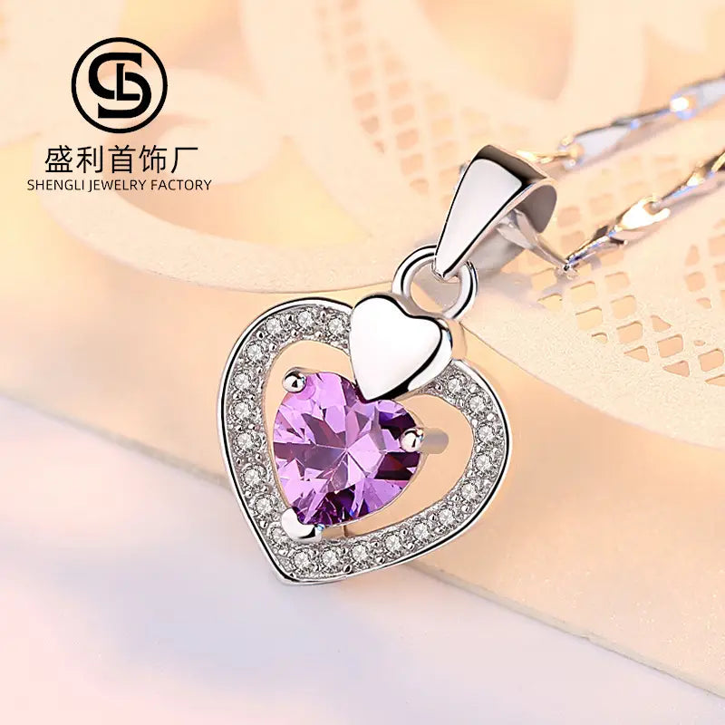 Sterling Silver Heart Pendant Necklace with Purple Diamond