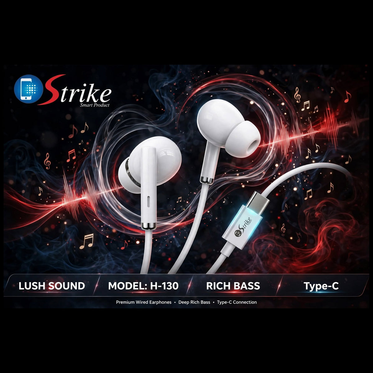 Strike H-130 Type-C Handsfree - Lush Sound with Rich Bass
