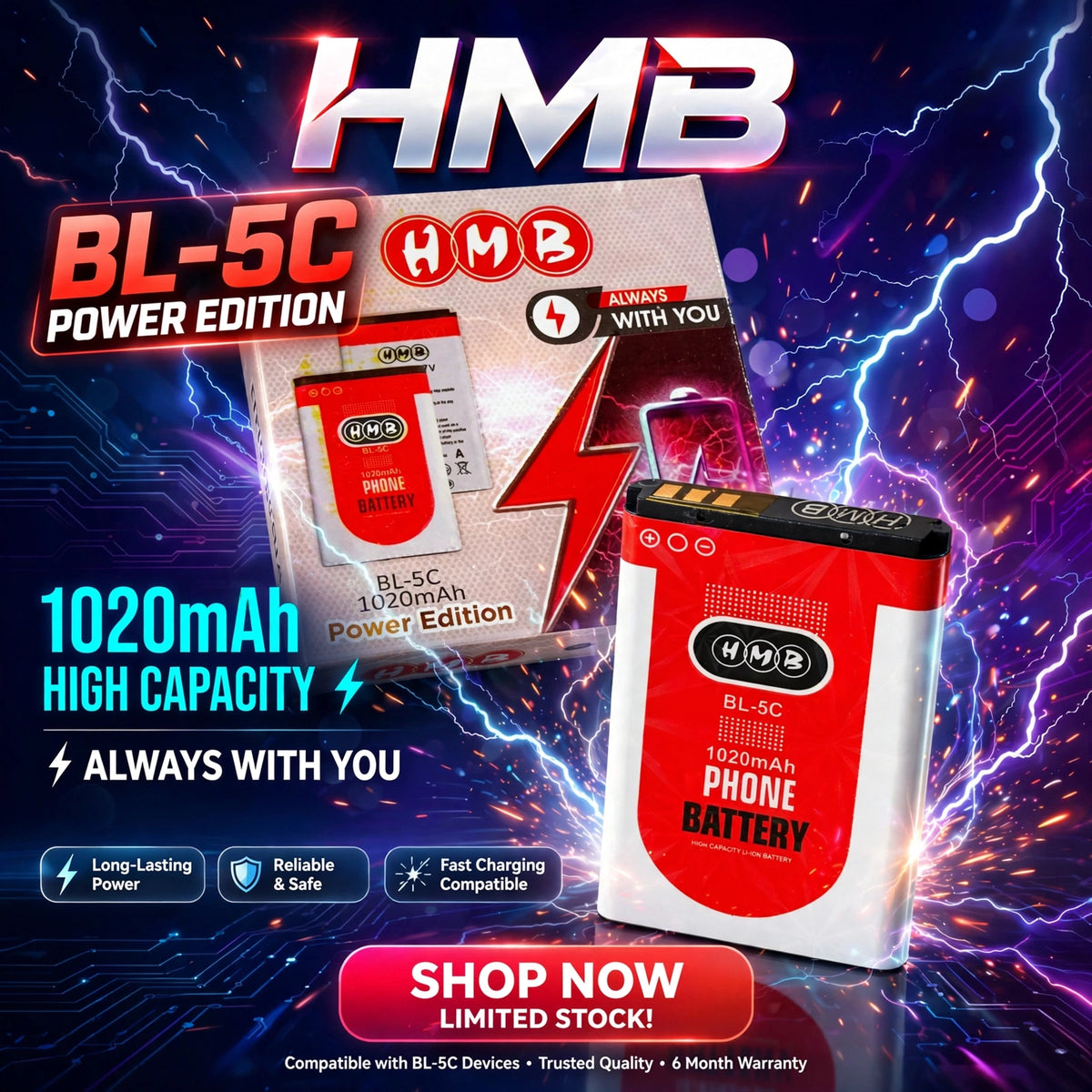 HMB BL-5C Power Edition - 1020mAh High Capacity Phone Battery