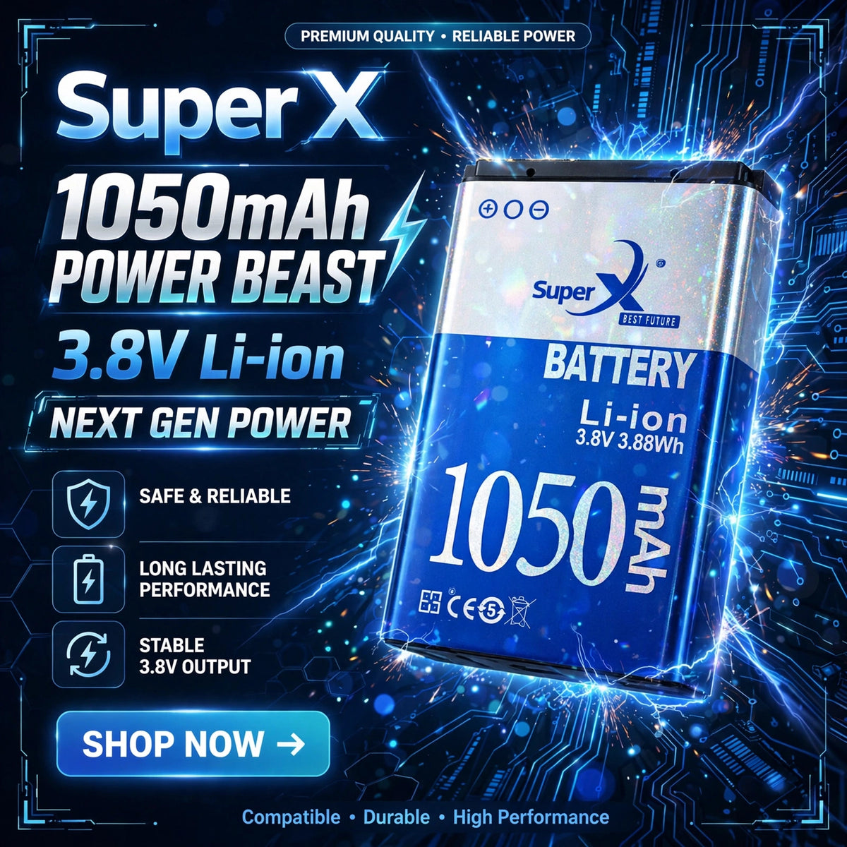 Super X Power Beast 1050mAh - 3.8V Li-ion Battery